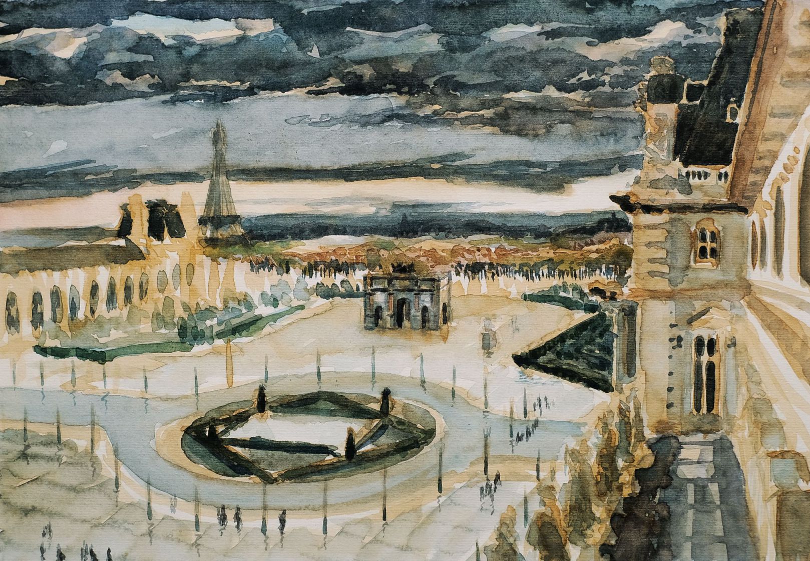 La place du Carrousel, Louvre, Paris, Aquarelle La place du Carrousel, Louvre, Paris, Aquarelle